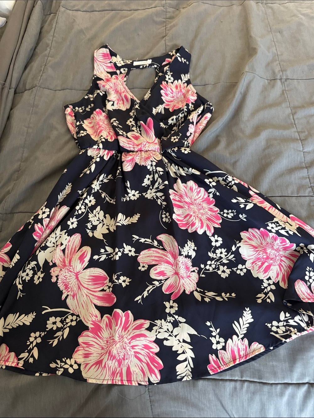 Lush Navy Floral Dress with Pink and White Blossoms